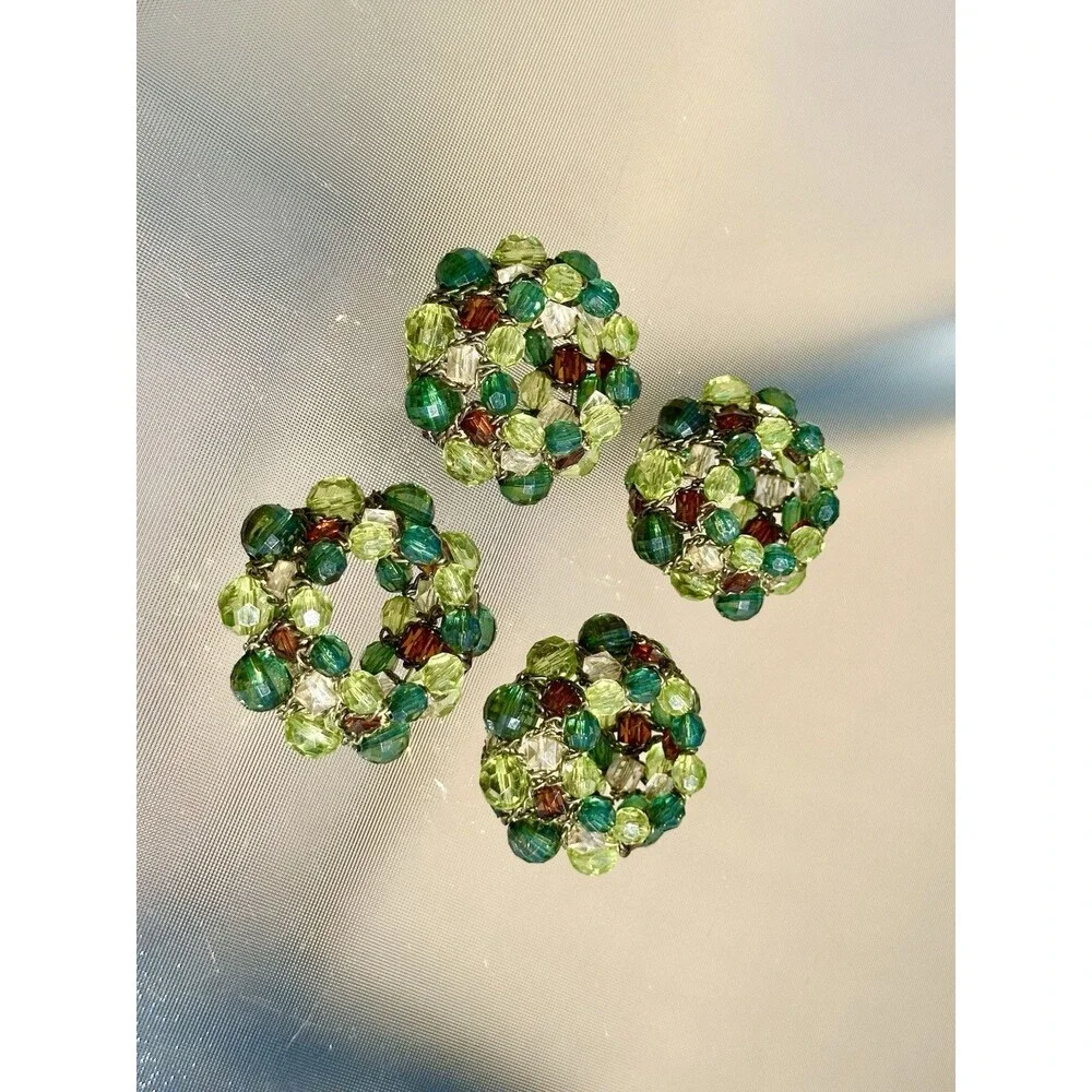 Set Of 4 Pier 1 Imports Green and Amber Faux Crystal Beaded Napkin Rings Round